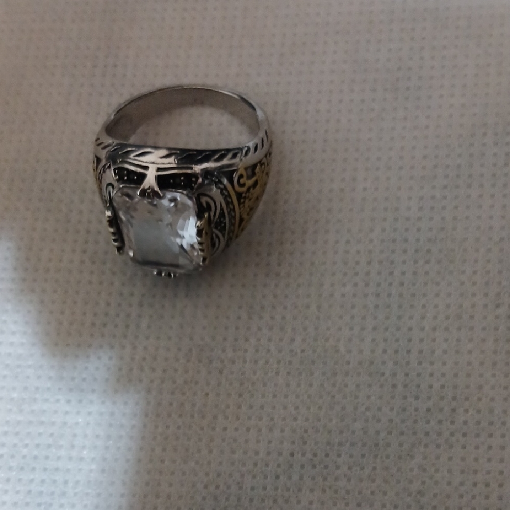 Silver and Gold Ornate Ring with Clear Gem